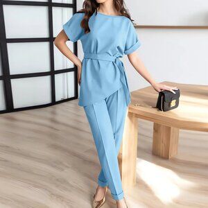 🎨Round neck beveled suit belt top suit fashionable casual long pants suit